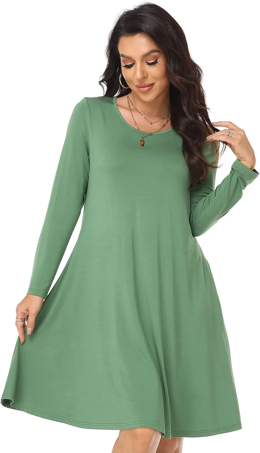 Women's Casual Long Sleeve T-shirt Dress Knee Length Loose Dresses Flowy Swing Dress with Pockets