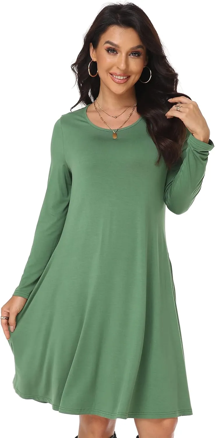 Women's Casual Long Sleeve T-shirt Dress Knee Length Loose Dresses Flowy Swing Dress with Pockets