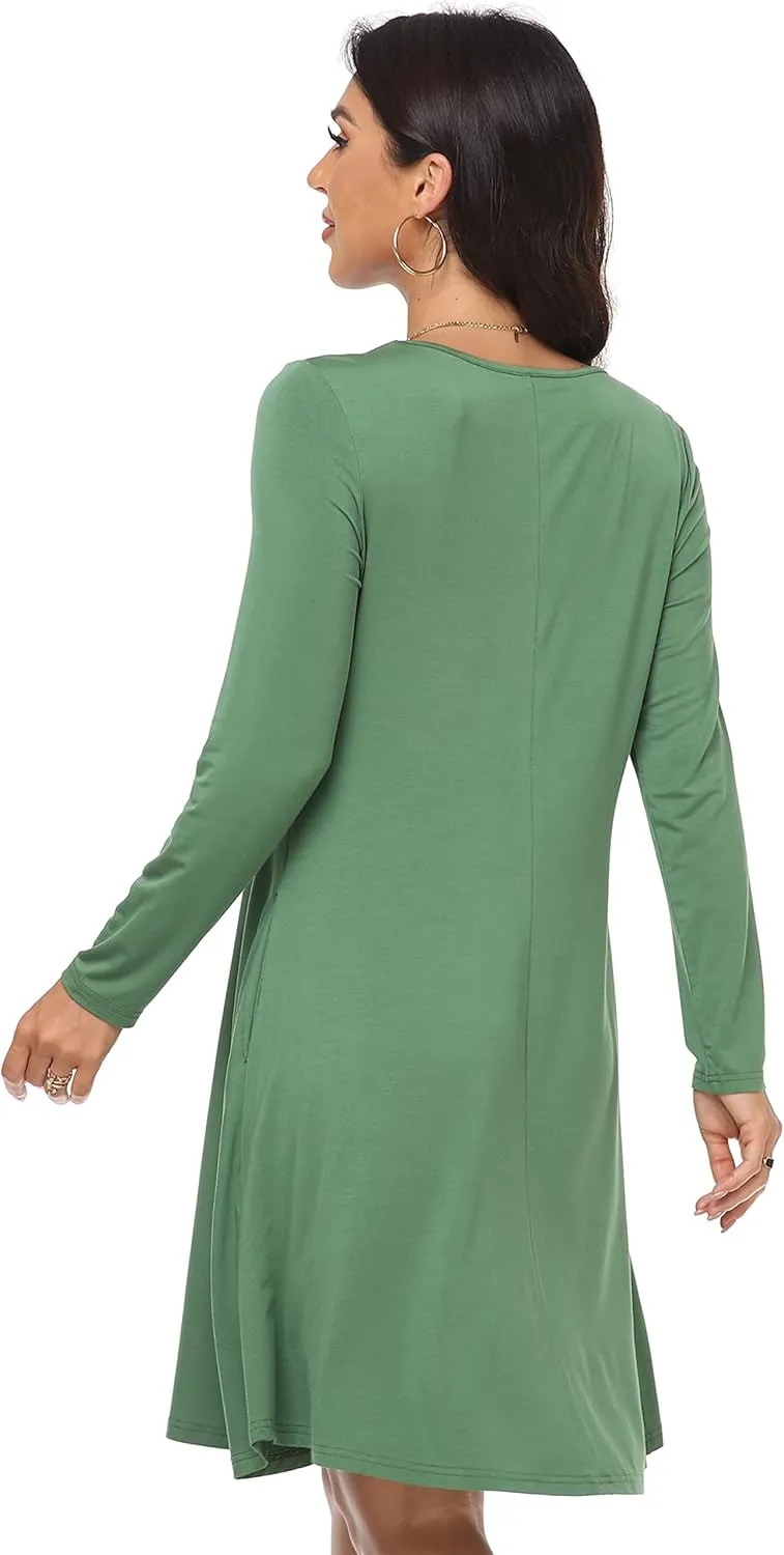 Women's Casual Long Sleeve T-shirt Dress Knee Length Loose Dresses Flowy Swing Dress with Pockets