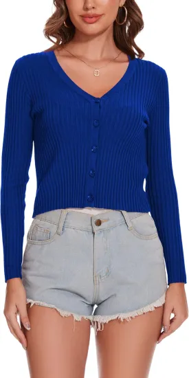Women's Cropped Cardigan V Neck Long Sleeve Button Down Ribbed Knit Shrug Sweaters