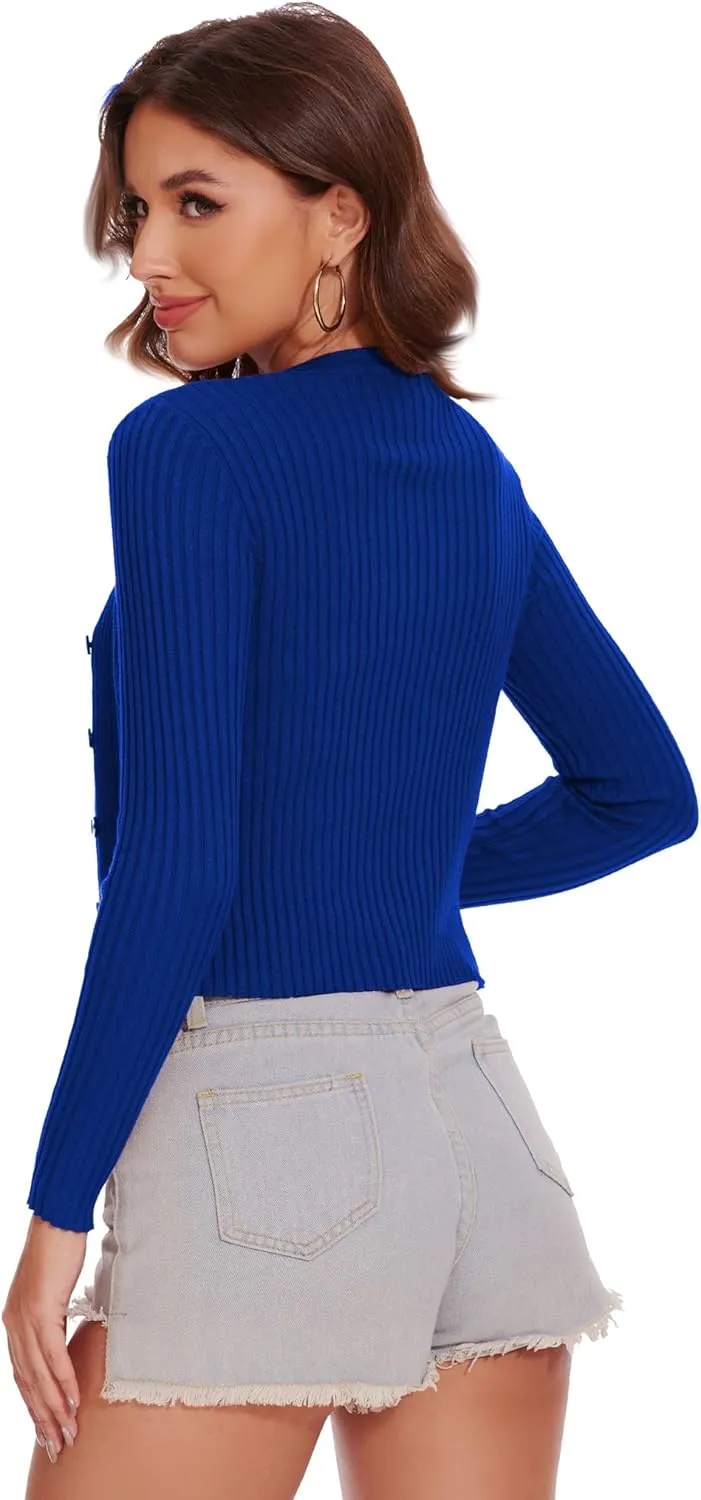 Women's Cropped Cardigan V Neck Long Sleeve Button Down Ribbed Knit Shrug Sweaters
