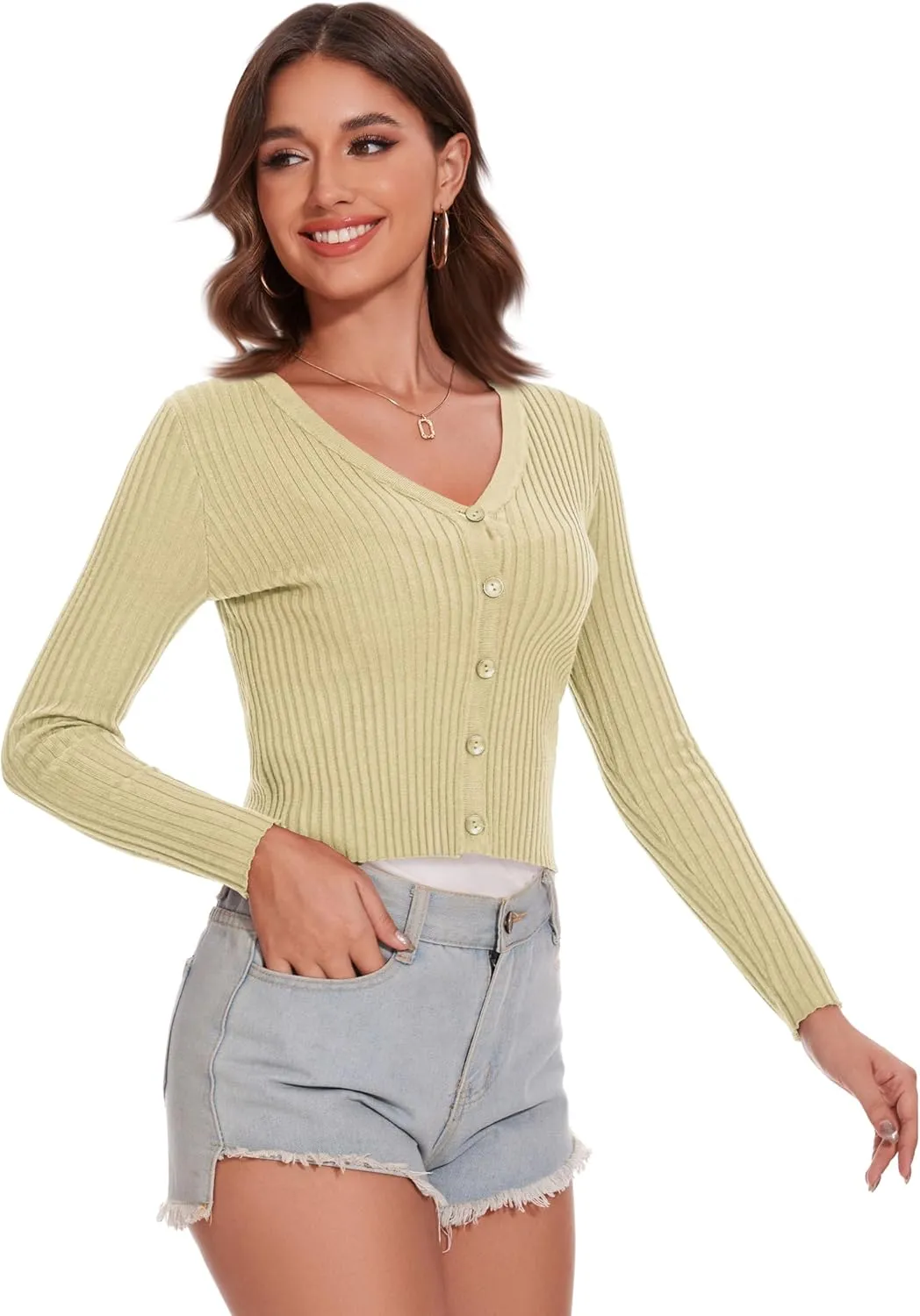Women's Cropped Cardigan V Neck Long Sleeve Button Down Ribbed Knit Shrug Sweaters