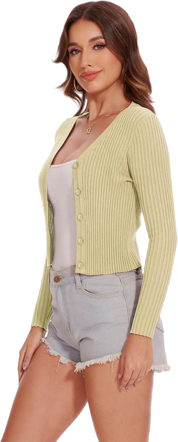 Women's Cropped Cardigan V Neck Long Sleeve Button Down Ribbed Knit Shrug Sweaters