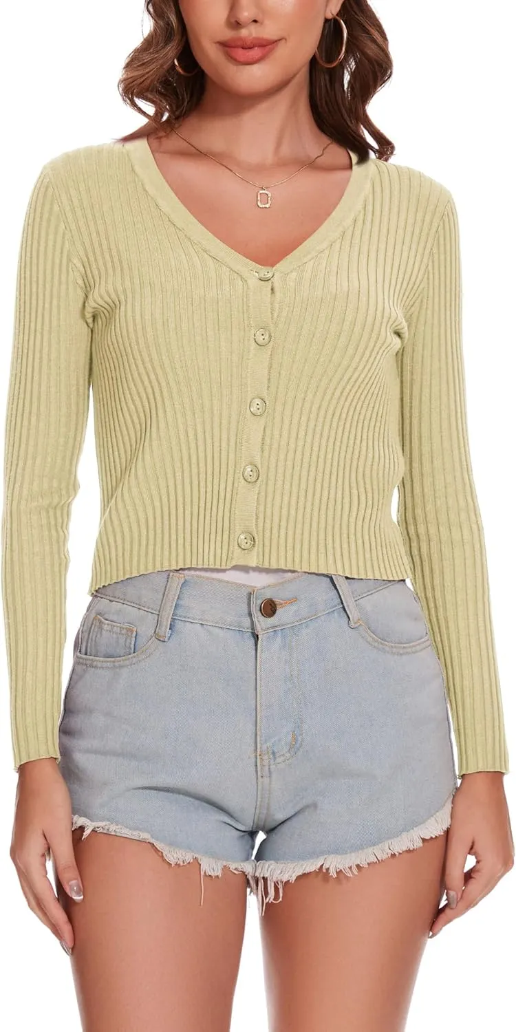 Women's Cropped Cardigan V Neck Long Sleeve Button Down Ribbed Knit Shrug Sweaters