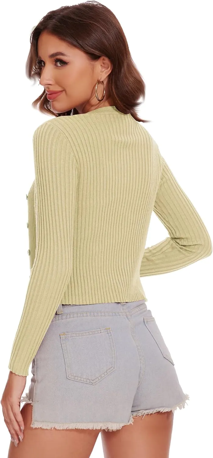 Women's Cropped Cardigan V Neck Long Sleeve Button Down Ribbed Knit Shrug Sweaters