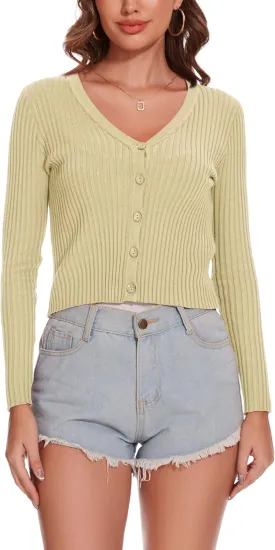 Women's Cropped Cardigan V Neck Long Sleeve Button Down Ribbed Knit Shrug Sweaters