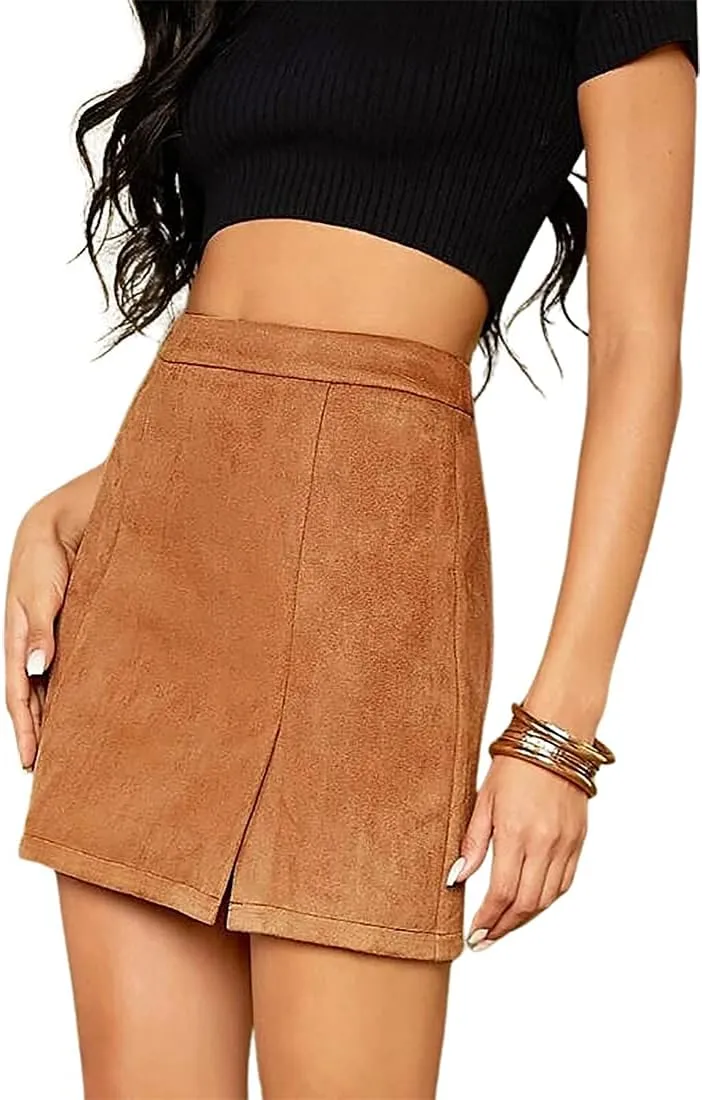 Women's High Waist Faux Suede Side Split Bodycon Short Mini Skirt