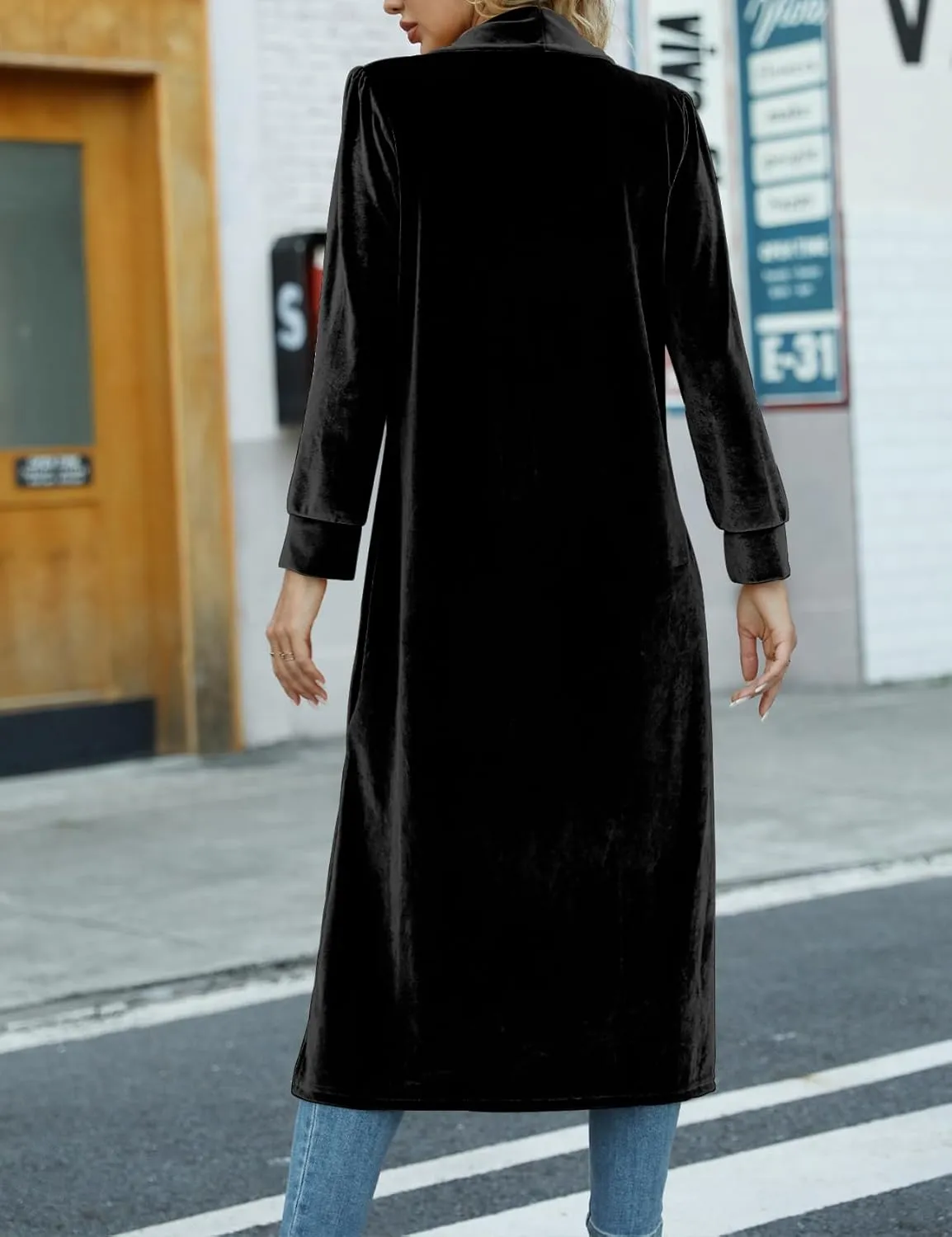 Women's Long Velvet Cardigan Jacket Casual Open Front Velour Lapel Cardigan Maxi Blazer Duster Outwear Sweater
