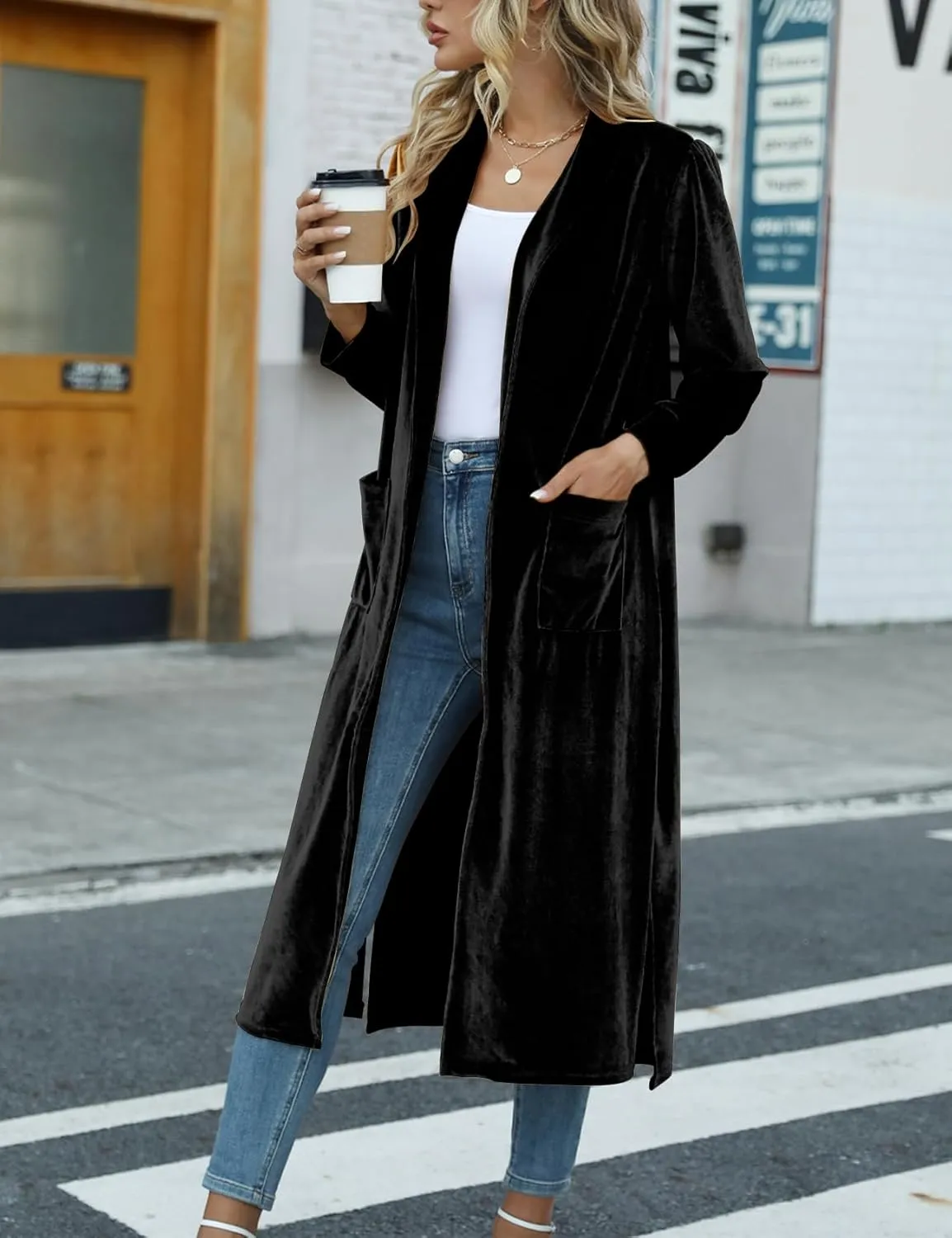Women's Long Velvet Cardigan Jacket Casual Open Front Velour Lapel Cardigan Maxi Blazer Duster Outwear Sweater