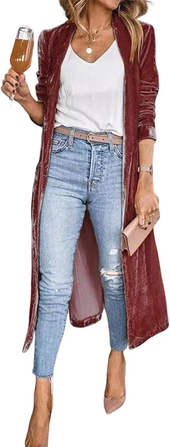 Women's Long Velvet Cardigan Jacket Casual Open Front Velour Lapel Cardigan Maxi Blazer Duster Outwear Sweater