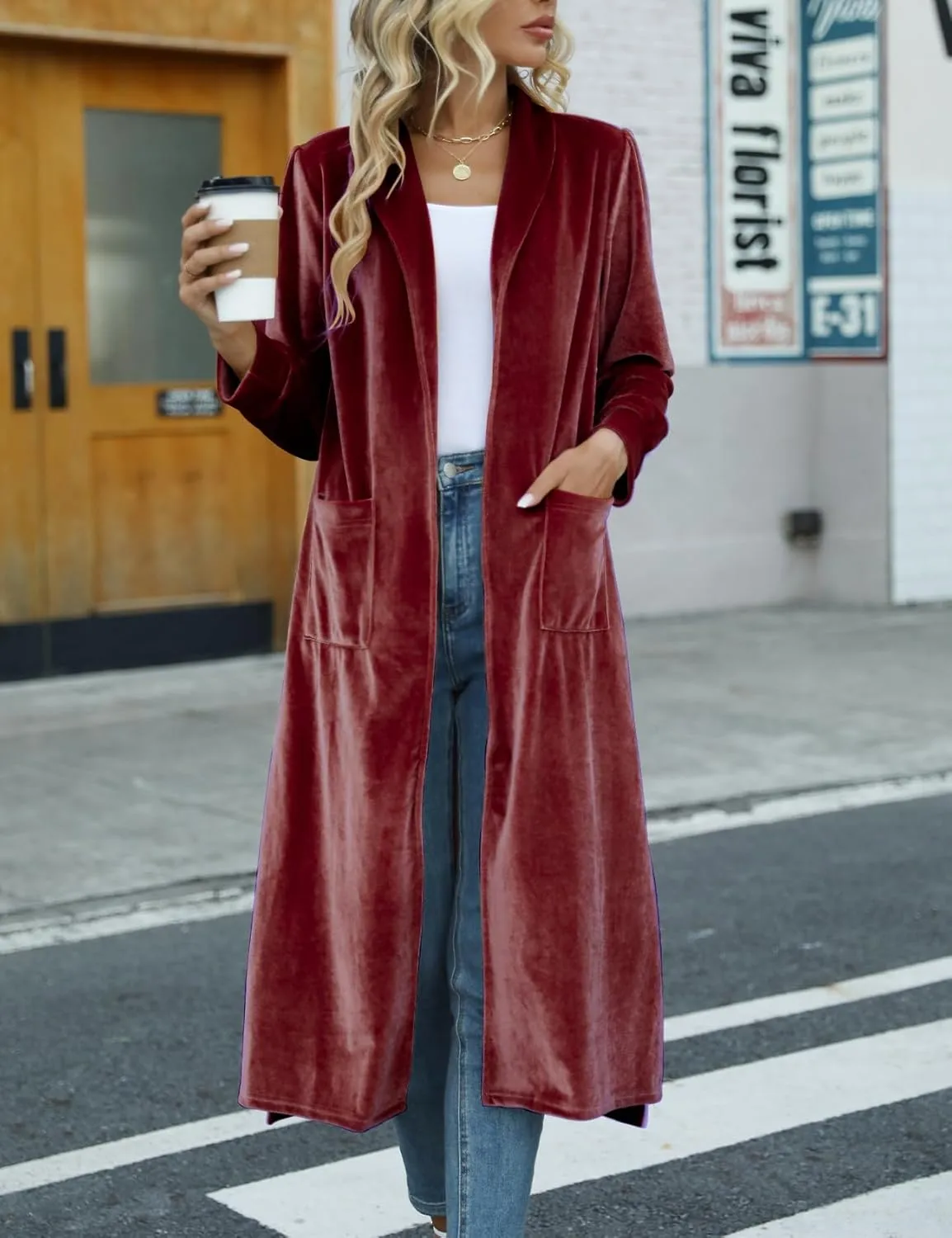 Women's Long Velvet Cardigan Jacket Casual Open Front Velour Lapel Cardigan Maxi Blazer Duster Outwear Sweater