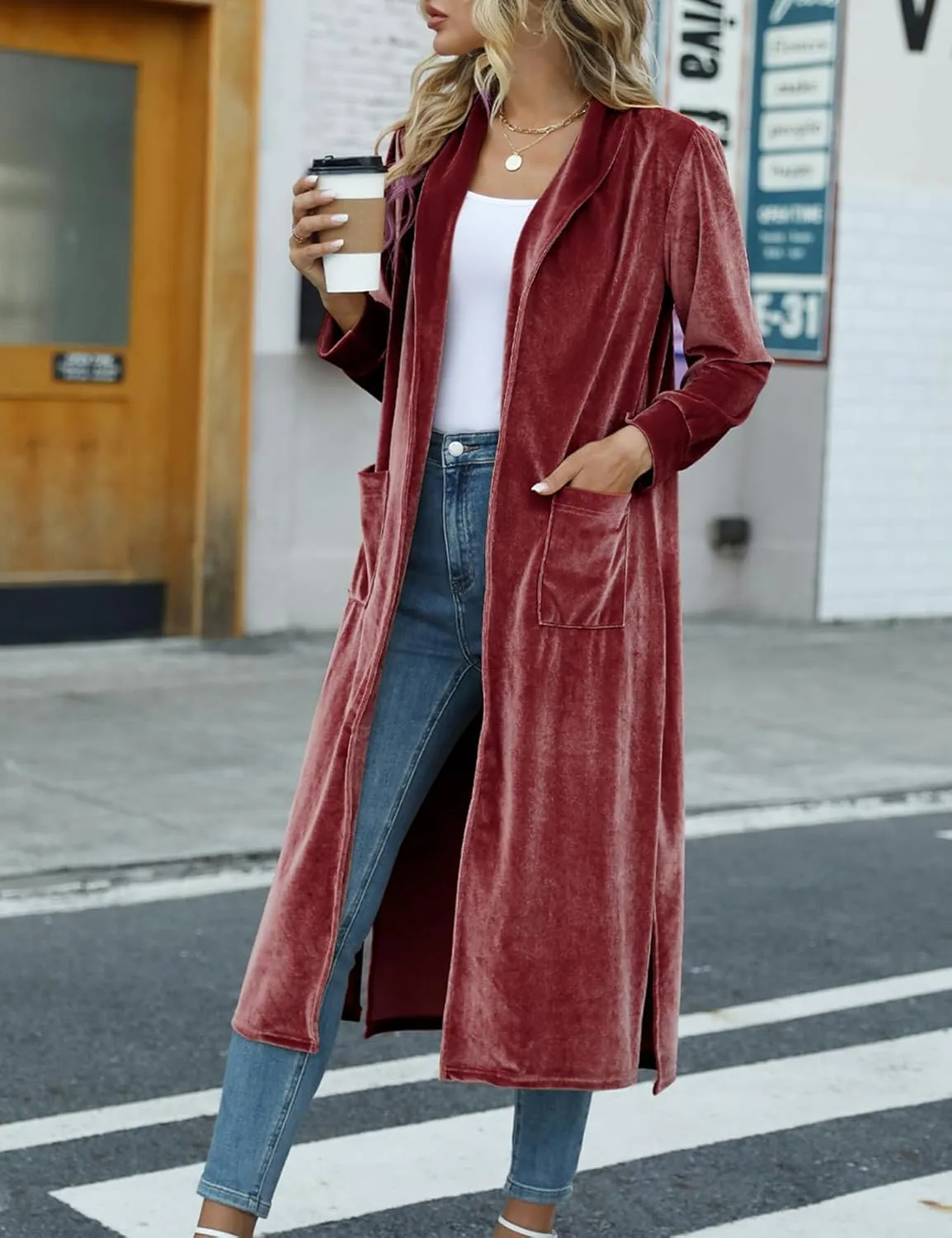 Women's Long Velvet Cardigan Jacket Casual Open Front Velour Lapel Cardigan Maxi Blazer Duster Outwear Sweater