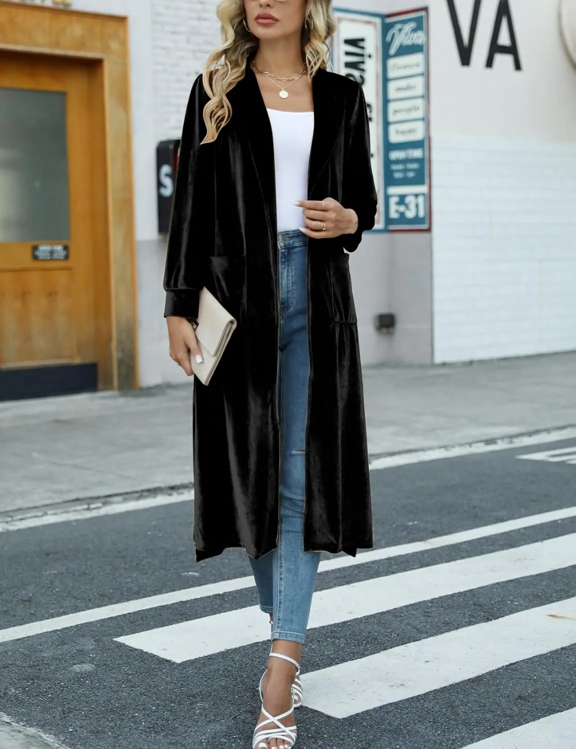 Women's Long Velvet Cardigan Jacket Casual Open Front Velour Lapel Cardigan Maxi Blazer Duster Outwear Sweater