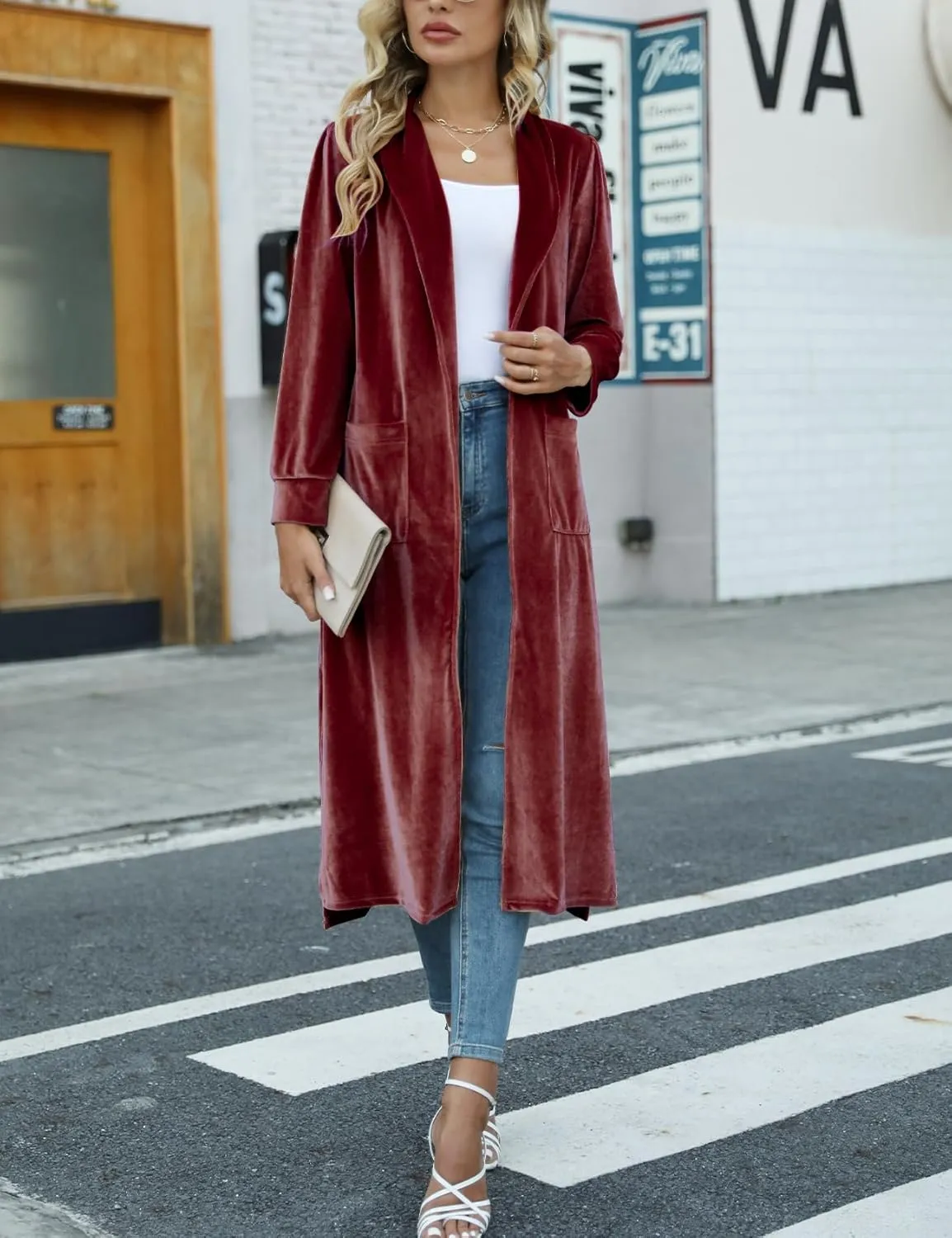 Women's Long Velvet Cardigan Jacket Casual Open Front Velour Lapel Cardigan Maxi Blazer Duster Outwear Sweater