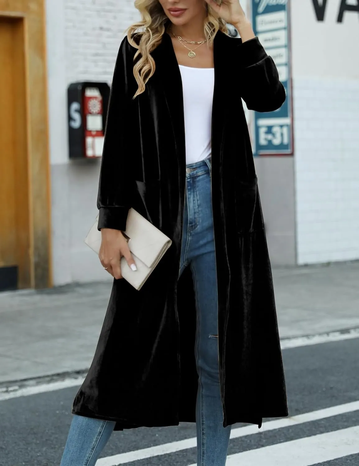 Women's Long Velvet Cardigan Jacket Casual Open Front Velour Lapel Cardigan Maxi Blazer Duster Outwear Sweater