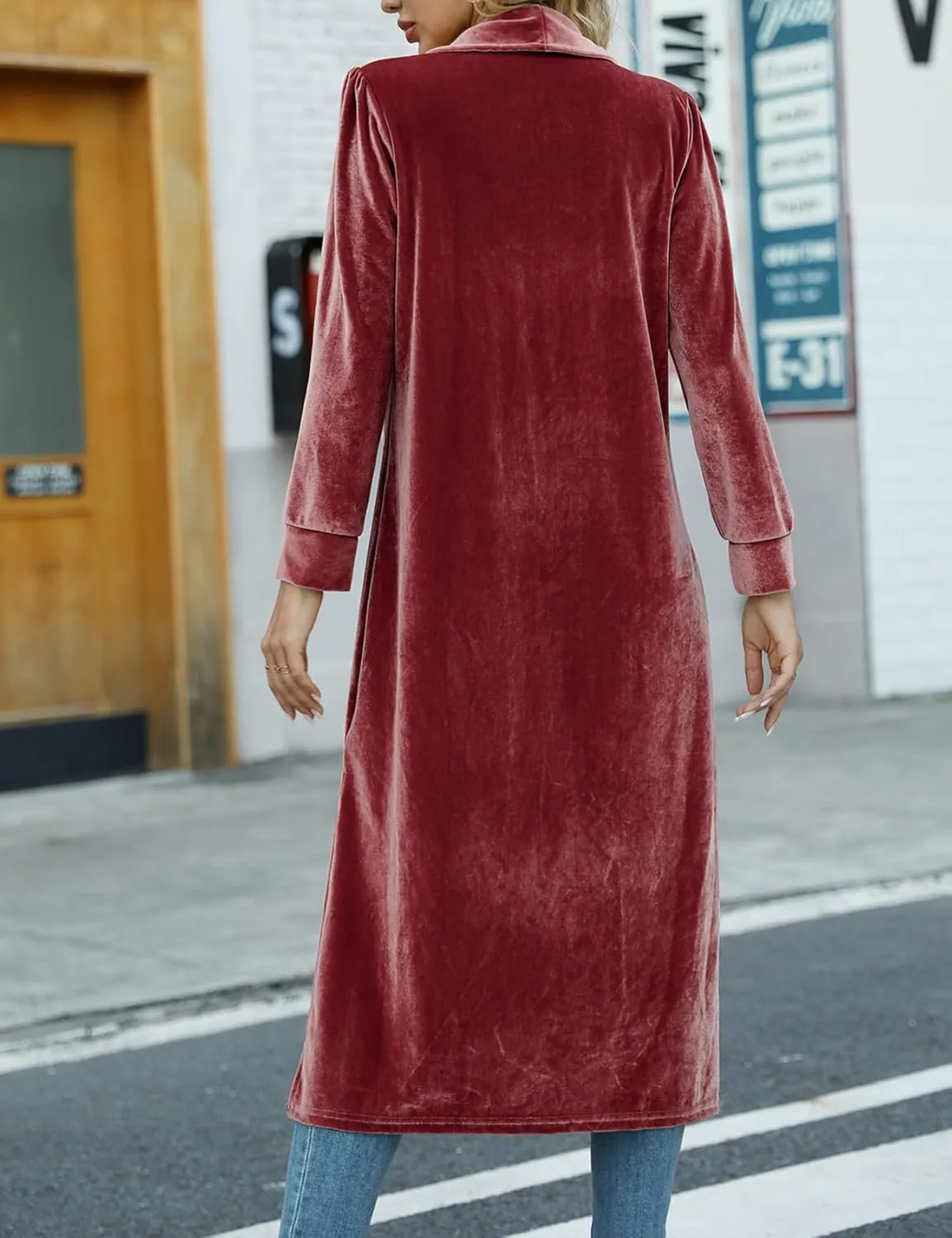 Women's Long Velvet Cardigan Jacket Casual Open Front Velour Lapel Cardigan Maxi Blazer Duster Outwear Sweater