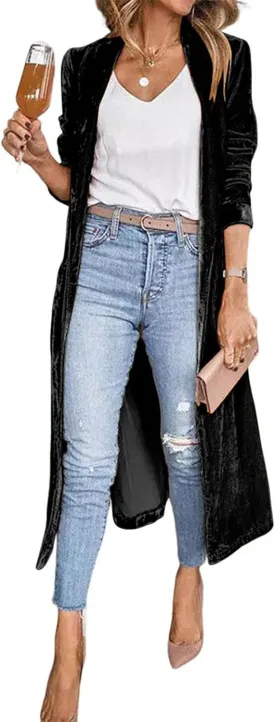 Women's Long Velvet Cardigan Jacket Casual Open Front Velour Lapel Cardigan Maxi Blazer Duster Outwear Sweater