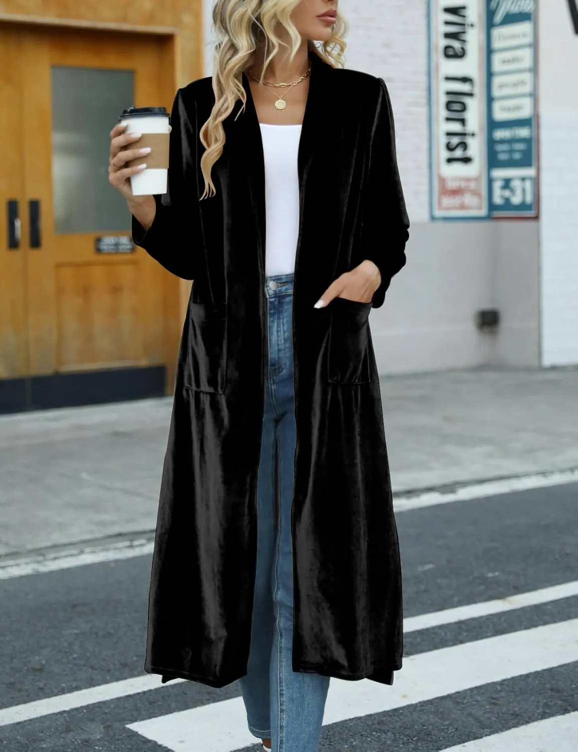 Women's Long Velvet Cardigan Jacket Casual Open Front Velour Lapel Cardigan Maxi Blazer Duster Outwear Sweater