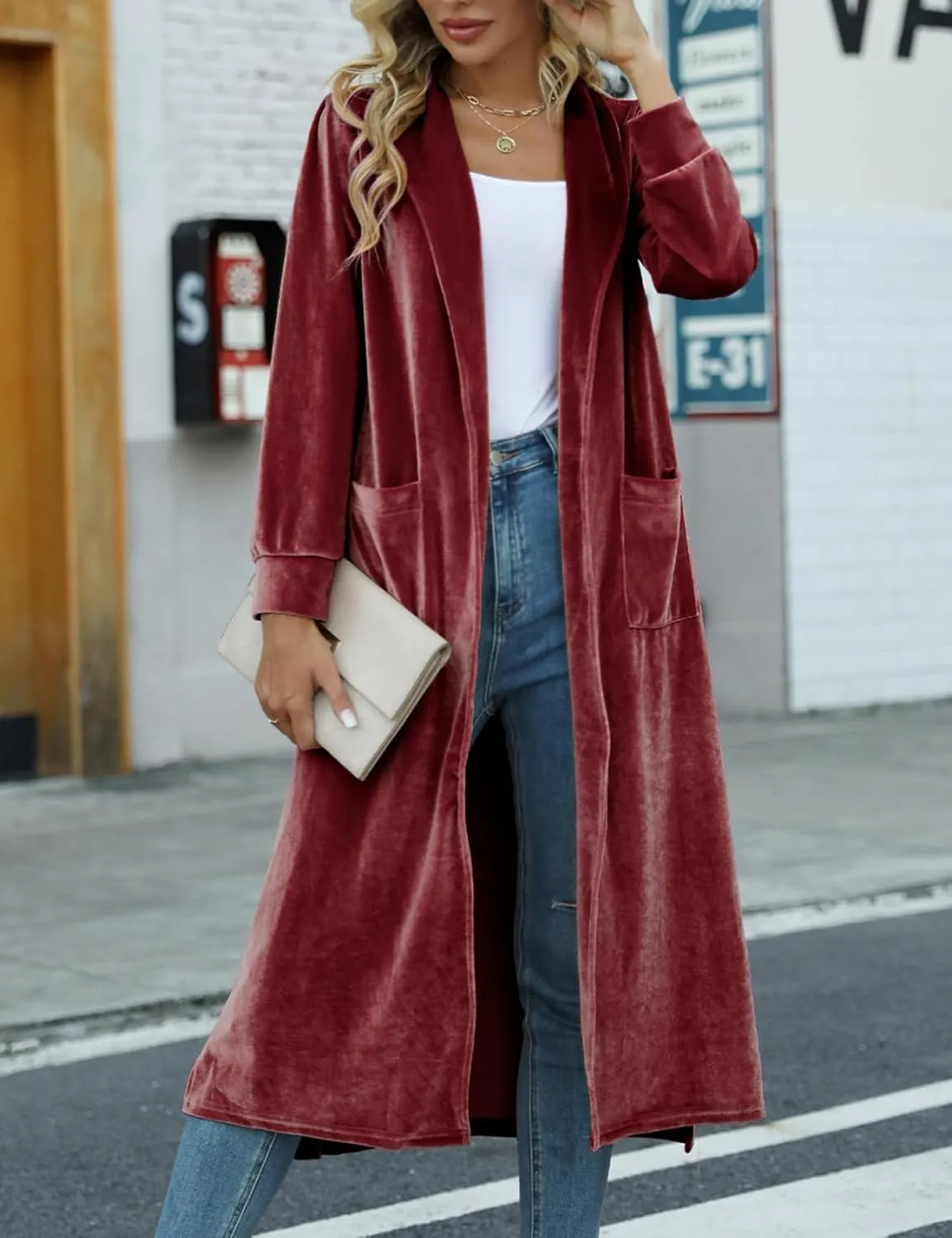 Women's Long Velvet Cardigan Jacket Casual Open Front Velour Lapel Cardigan Maxi Blazer Duster Outwear Sweater