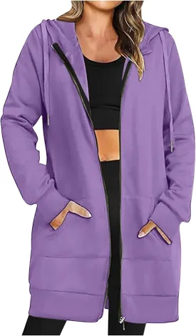 Womens Longline Hoodie Fall Winter Full Zip up Drawstring Sweatshirt Ladies Knee Length Pullover Hooded Jacket Pocket