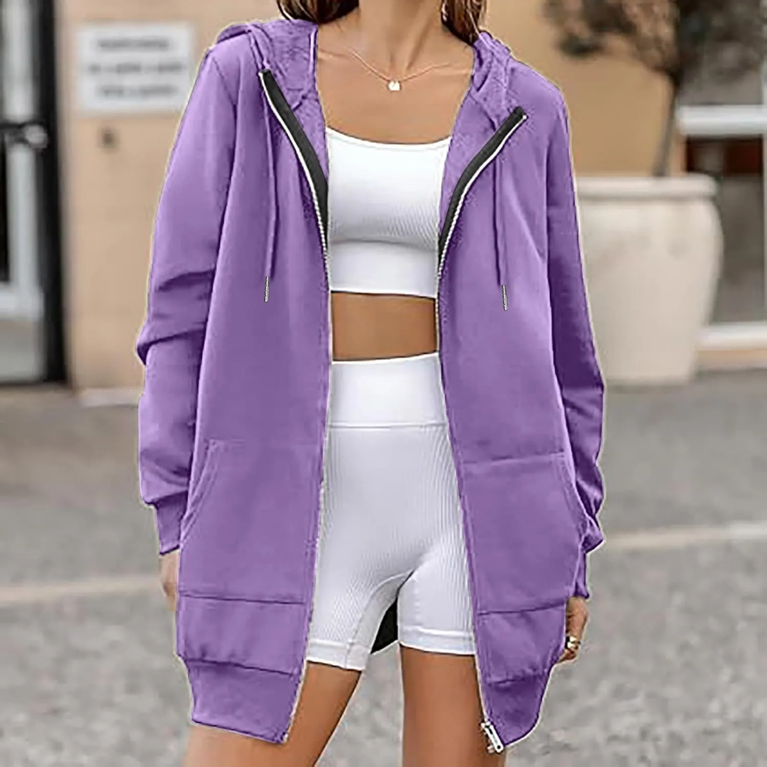 Womens Longline Hoodie Fall Winter Full Zip up Drawstring Sweatshirt Ladies Knee Length Pullover Hooded Jacket Pocket