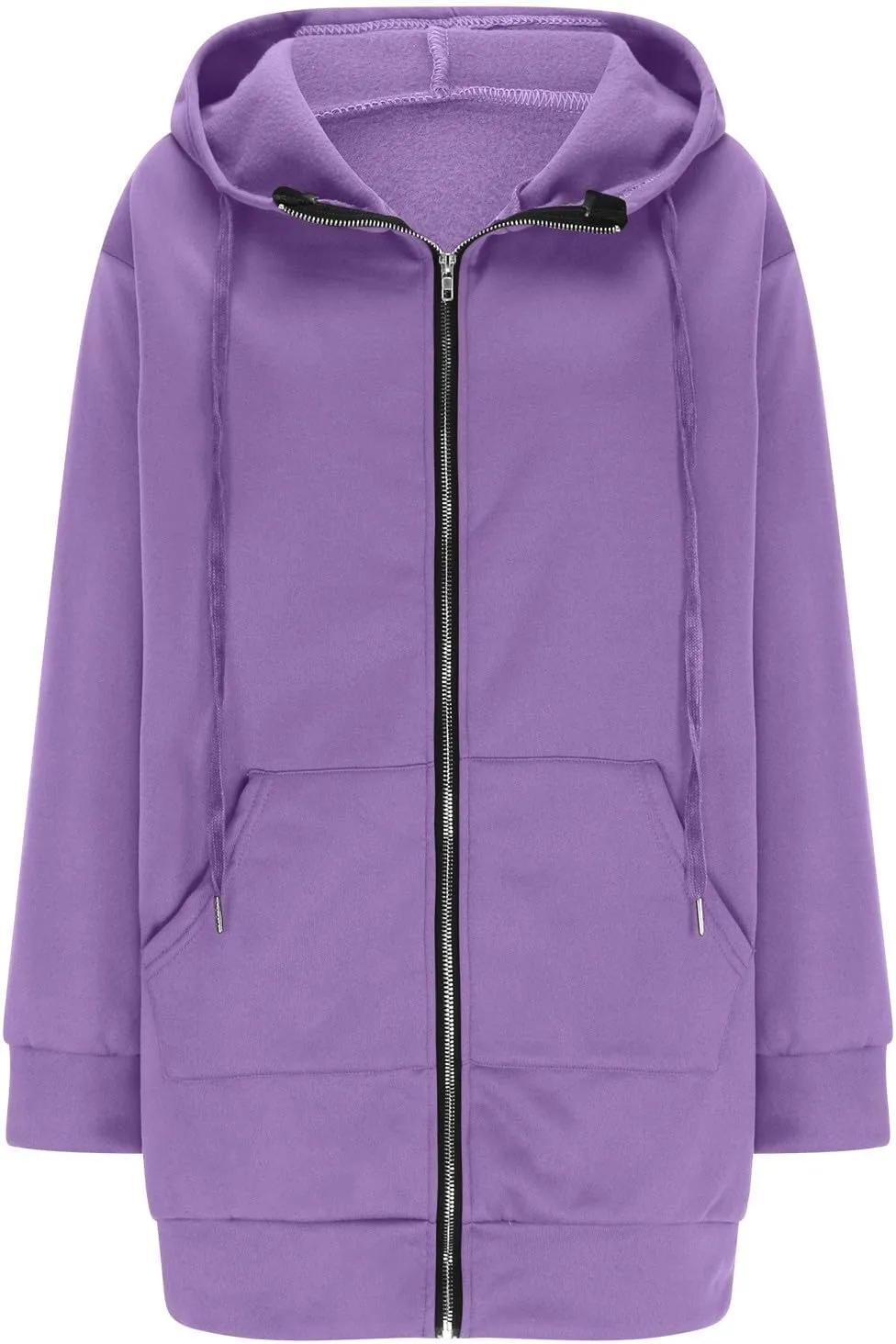 Womens Longline Hoodie Fall Winter Full Zip up Drawstring Sweatshirt Ladies Knee Length Pullover Hooded Jacket Pocket