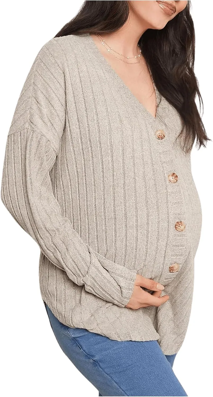 Women's Maternity Long Sleeve Drop Shoulder Cardigan Side Split Button Down V Neck Knitted Shirt Top