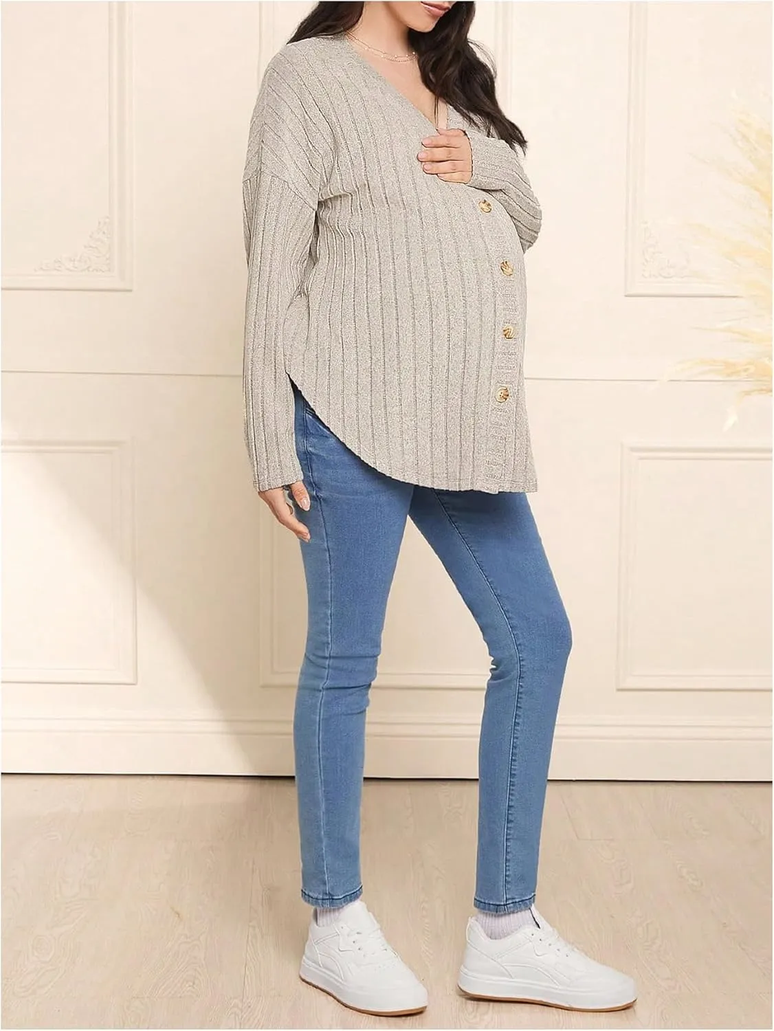Women's Maternity Long Sleeve Drop Shoulder Cardigan Side Split Button Down V Neck Knitted Shirt Top