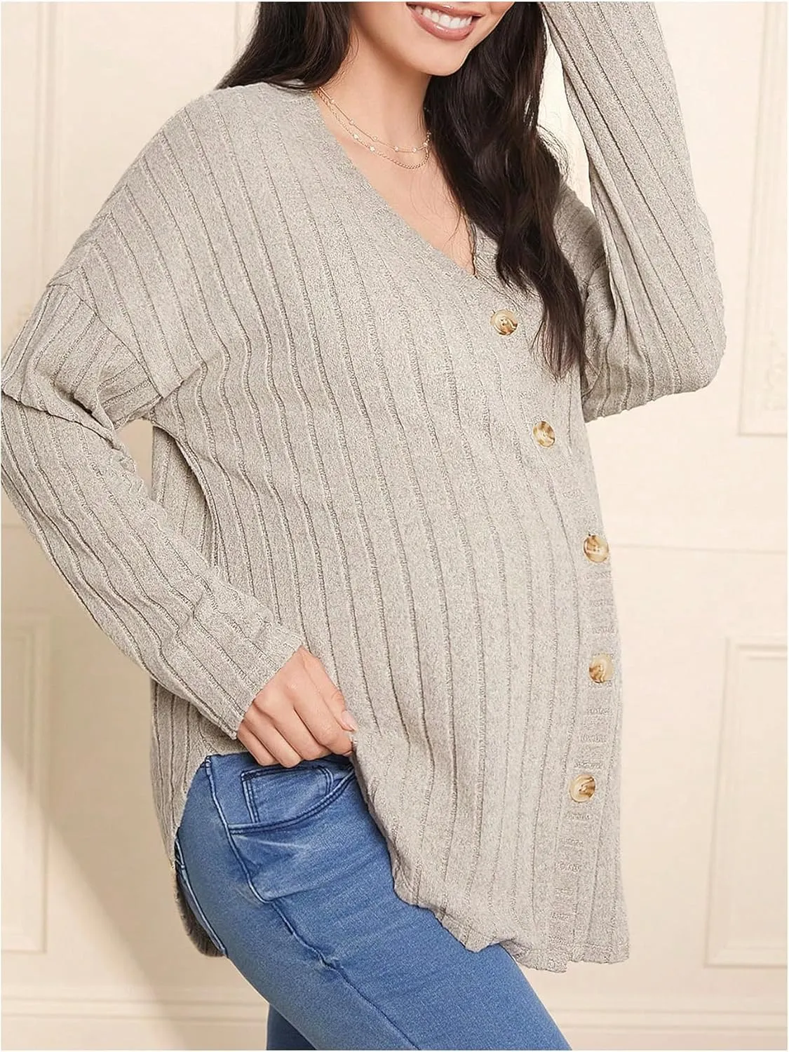 Women's Maternity Long Sleeve Drop Shoulder Cardigan Side Split Button Down V Neck Knitted Shirt Top