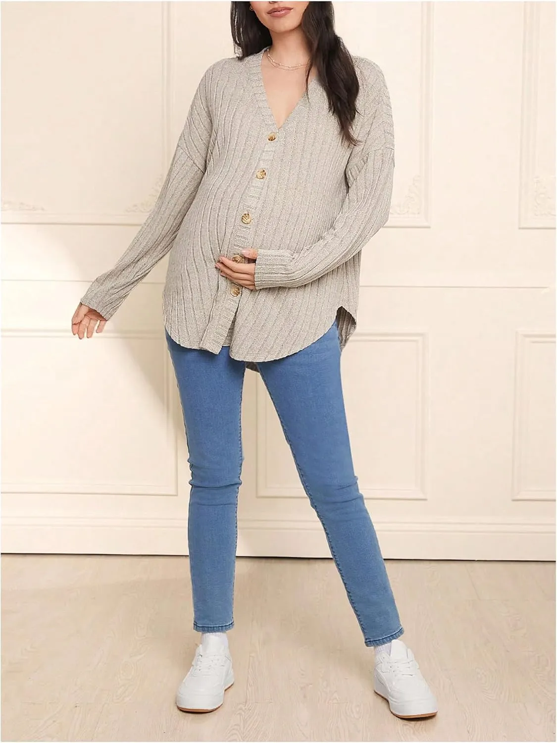 Women's Maternity Long Sleeve Drop Shoulder Cardigan Side Split Button Down V Neck Knitted Shirt Top