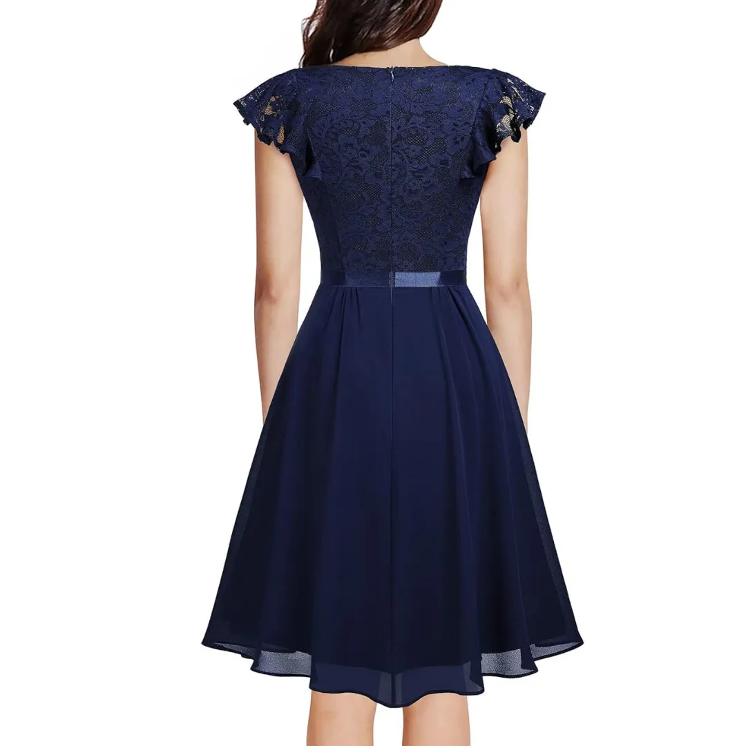 Women's Navy V-Neck Short Flutter Sleeves Flared Dress For Party Wedding Guest Cocktail