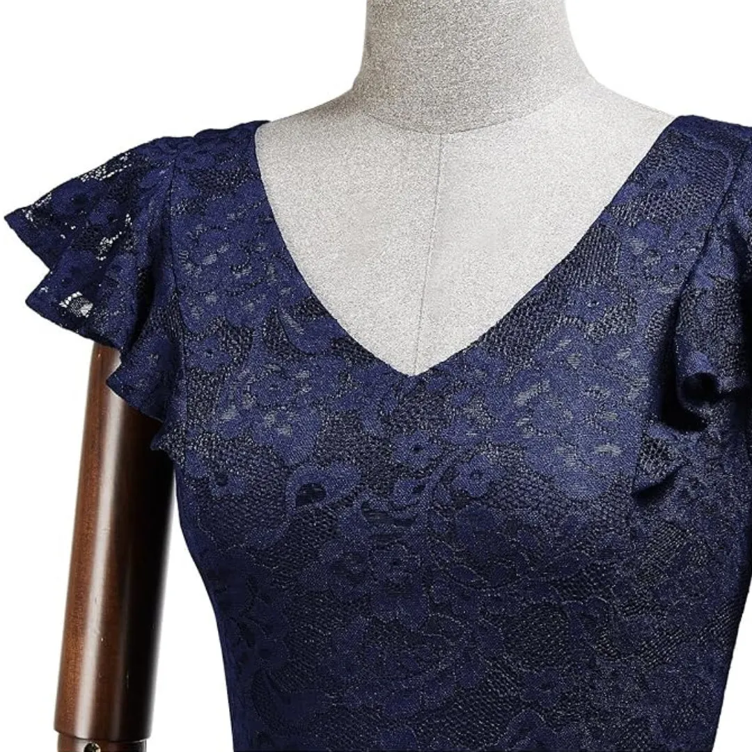 Women's Navy V-Neck Short Flutter Sleeves Flared Dress For Party Wedding Guest Cocktail