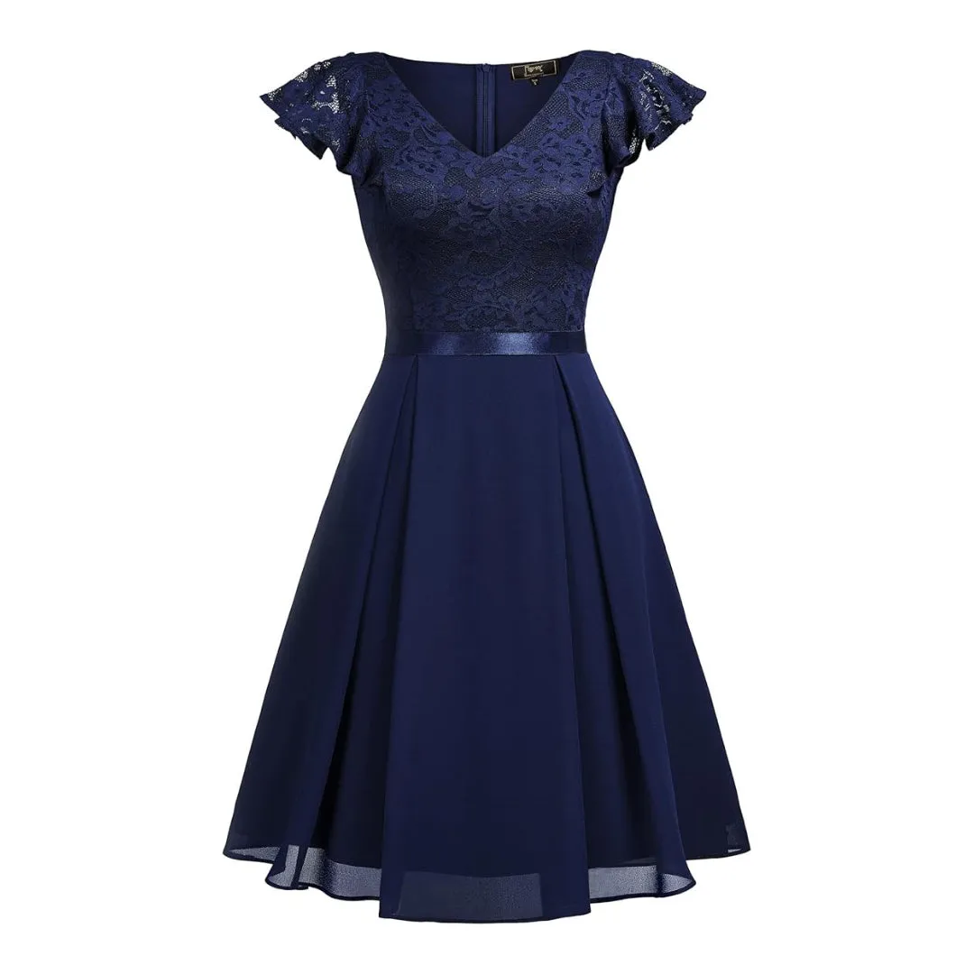 Women's Navy V-Neck Short Flutter Sleeves Flared Dress For Party Wedding Guest Cocktail