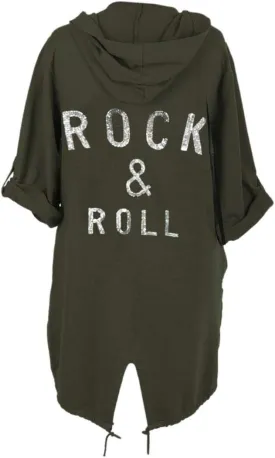 Womens Sequin Rock & Roll Back Oversized Army Hoodie Cardigan Sweatshirt Jacket