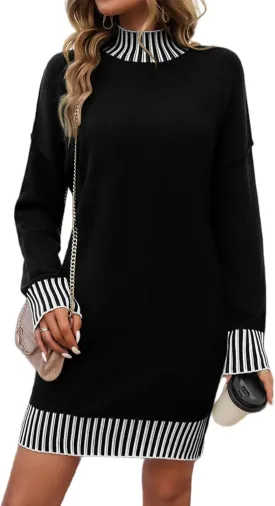 Womens Sweater Dress Long Sleeve Striped Knit Dresses for Women Casual Loose Mock Turtleneck Mini Dresses