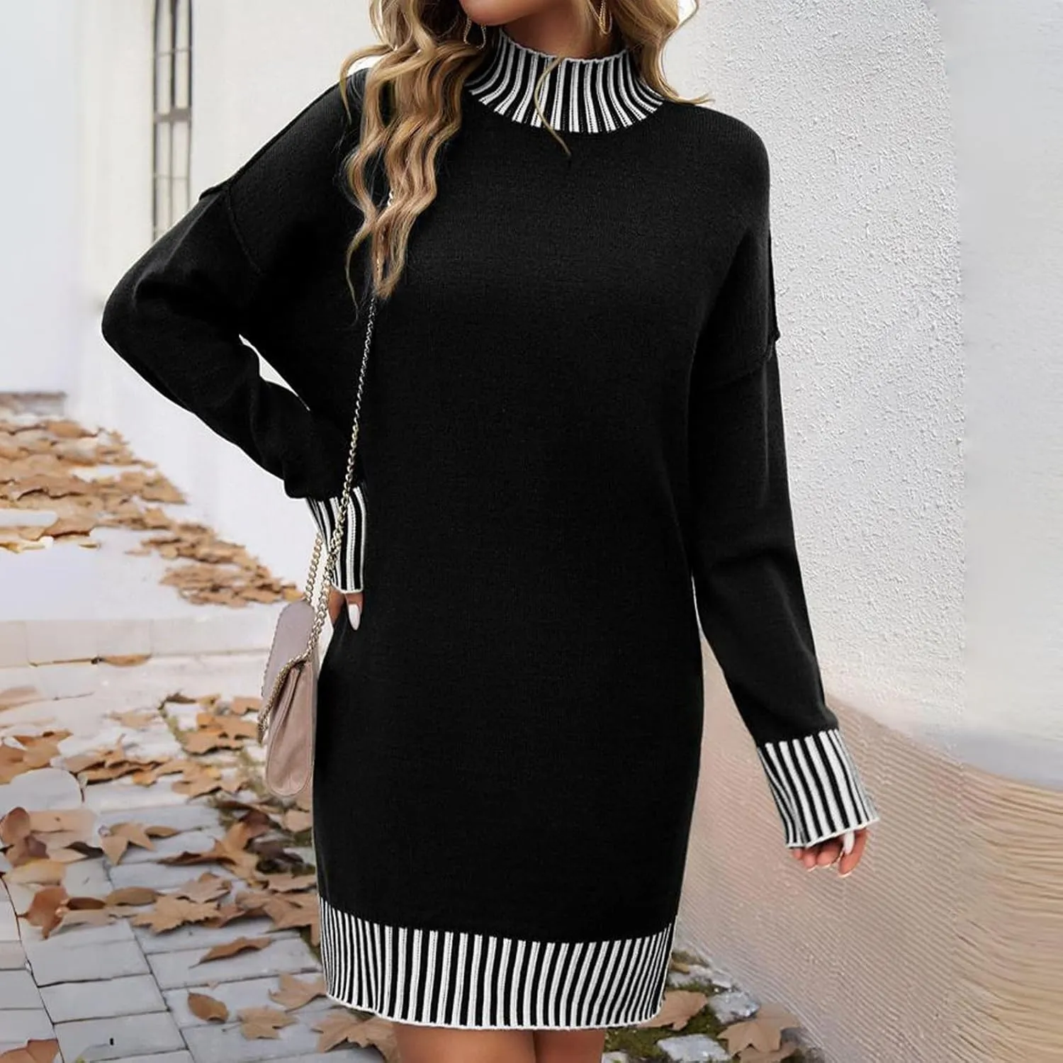 Womens Sweater Dress Long Sleeve Striped Knit Dresses for Women Casual Loose Mock Turtleneck Mini Dresses