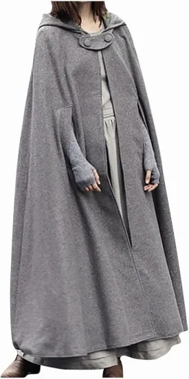XUNRYAN Women's Wool Blend Capes Hooded Cloak Outwear Poncho Open Front Cardigan Autumn Winter Maxi Long Trench Coat