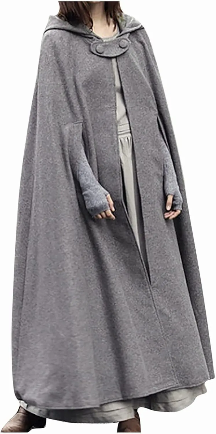 XUNRYAN Women's Wool Blend Capes Hooded Cloak Outwear Poncho Open Front Cardigan Autumn Winter Maxi Long Trench Coat