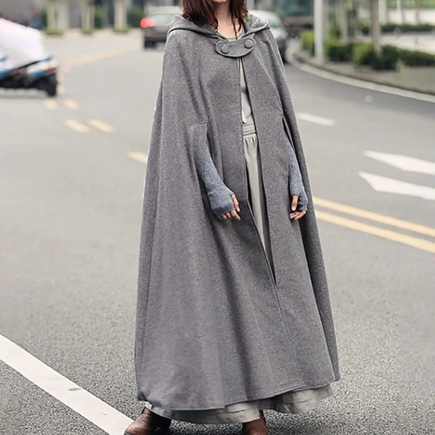 XUNRYAN Women's Wool Blend Capes Hooded Cloak Outwear Poncho Open Front Cardigan Autumn Winter Maxi Long Trench Coat