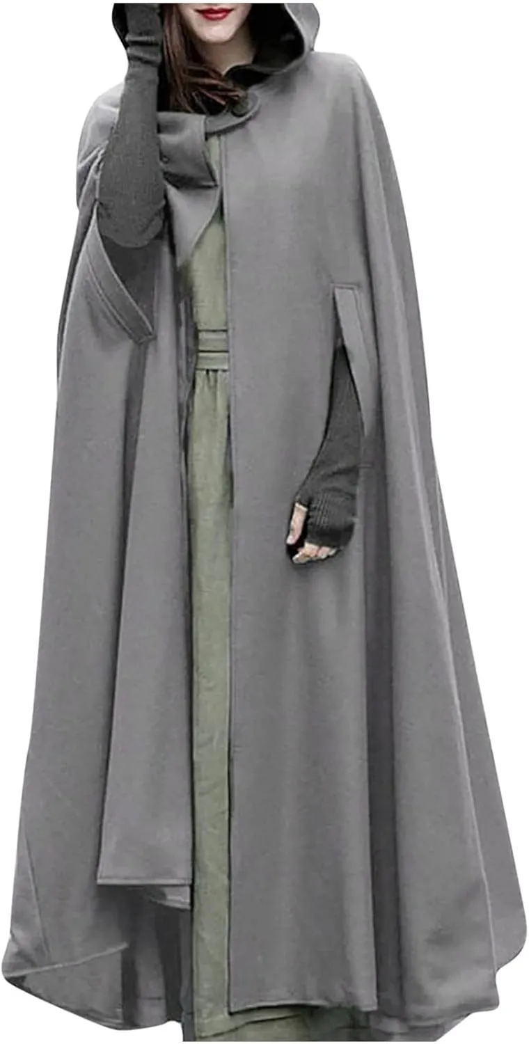 XUNRYAN Women's Wool Blend Capes Hooded Cloak Outwear Poncho Open Front Cardigan Autumn Winter Maxi Long Trench Coat