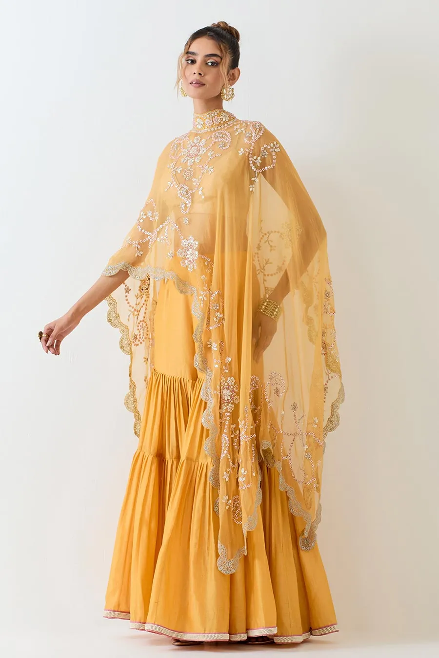 Yellow Embellished Cape & Pleated Sharara Set