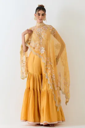 Yellow Embellished Cape & Pleated Sharara Set