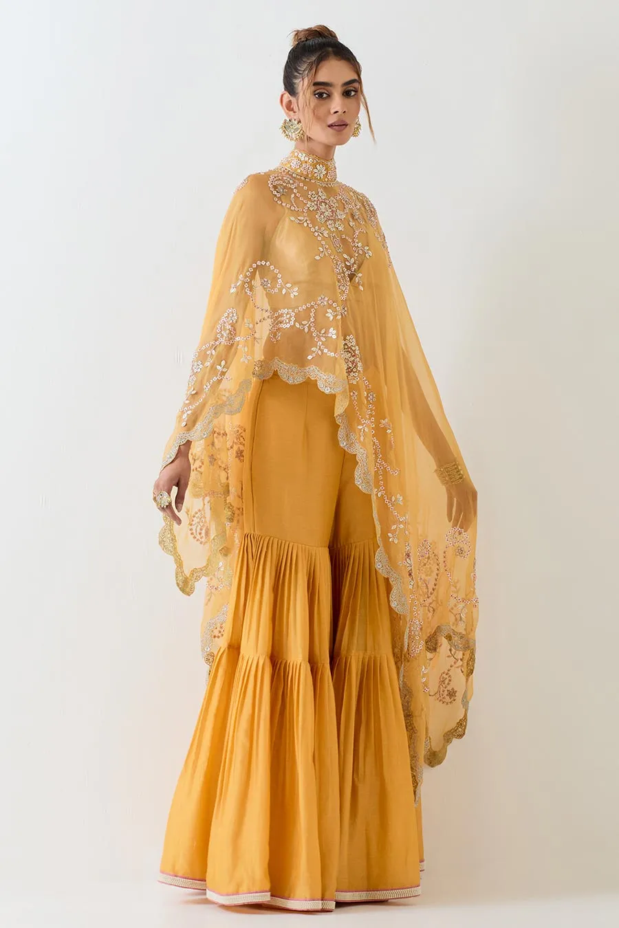Yellow Embellished Cape & Pleated Sharara Set