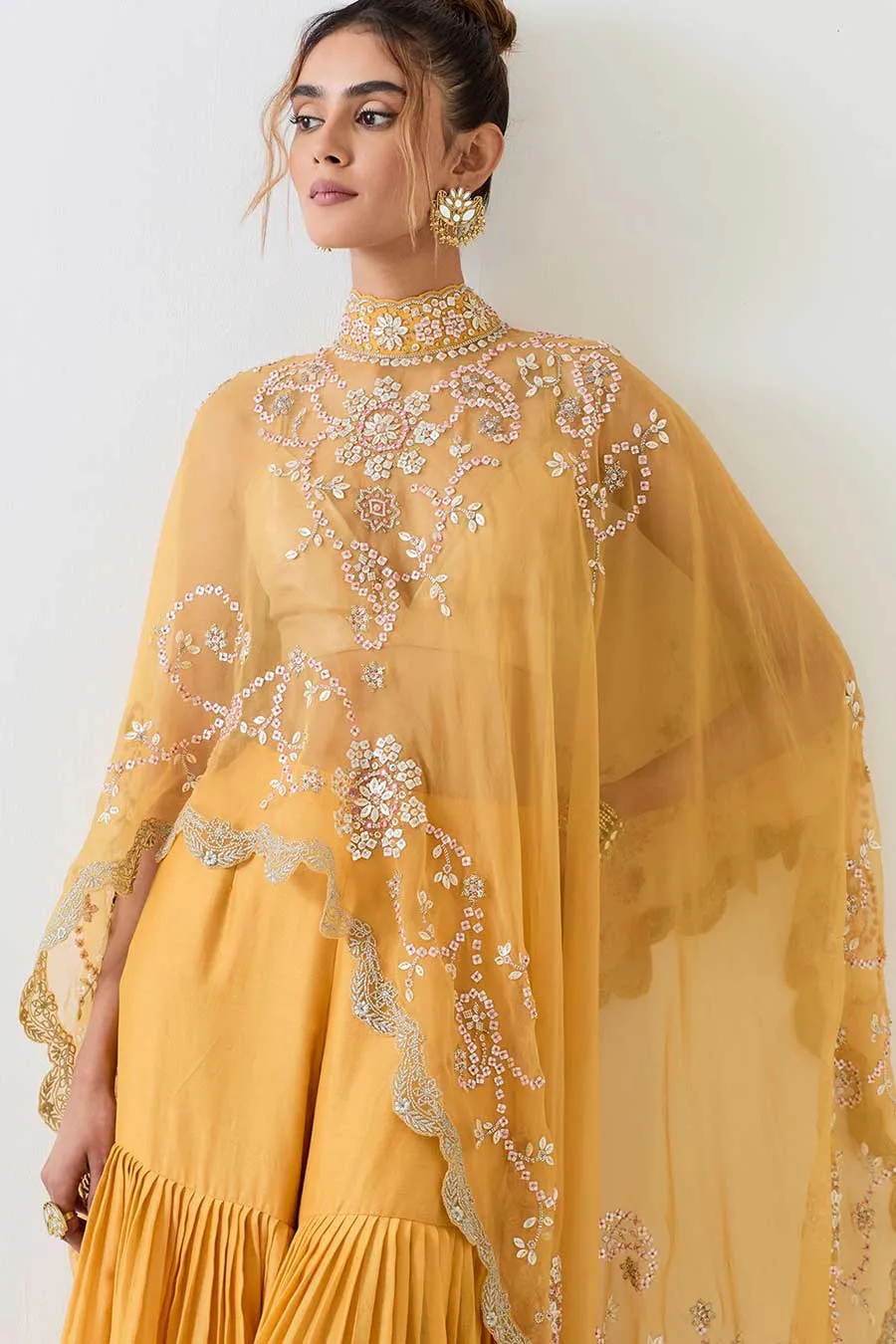 Yellow Embellished Cape & Pleated Sharara Set