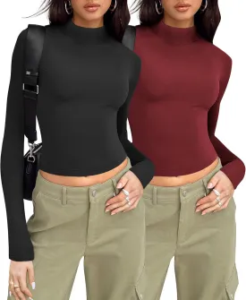 Zeagoo Womens Long Sleeve Shirts Mock Neck Turtleneck Slim Fitted Basic Crop Tops 2024 Fashion Casual T-Shirts