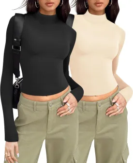 Zeagoo Womens Long Sleeve Shirts Mock Neck Turtleneck Slim Fitted Basic Crop Tops 2024 Fashion Casual T-Shirts
